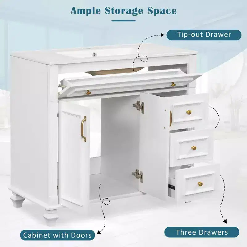 Mobile bagno da 91 cm con lavabo, mobile bianco con cassetto a ribalta, 3 cassetti, 2 ante con chiusura ammortizzata, legno massello MDF, ferramenta dorata