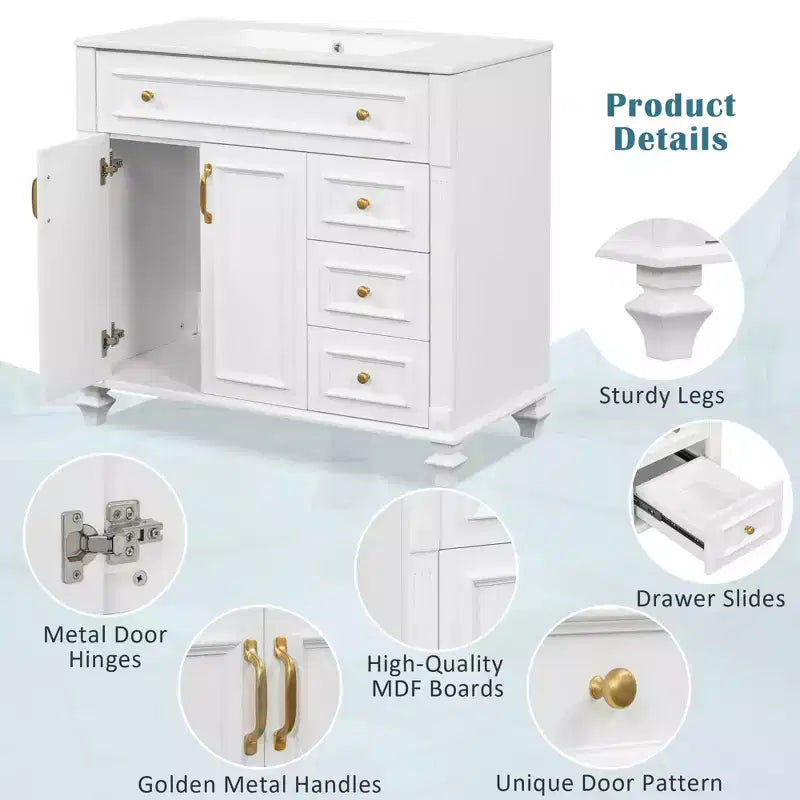 Mobile bagno da 91 cm con lavabo, mobile bianco con cassetto a ribalta, 3 cassetti, 2 ante con chiusura ammortizzata, legno massello MDF, ferramenta dorata