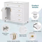 Mobile bagno da 91 cm con lavabo, mobile bianco con cassetto a ribalta, 3 cassetti, 2 ante con chiusura ammortizzata, legno massello MDF, ferramenta dorata