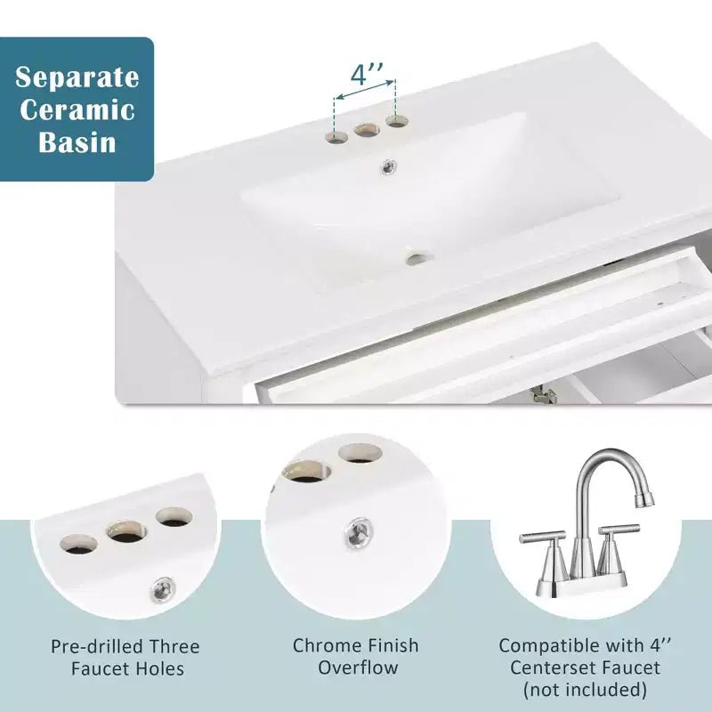 Mobile bagno da 91 cm con lavabo, mobile bianco con cassetto a ribalta, 3 cassetti, 2 ante con chiusura ammortizzata, legno massello MDF, ferramenta dorata
