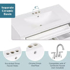 Mobile bagno da 91 cm con lavabo, mobile bianco con cassetto a ribalta, 3 cassetti, 2 ante con chiusura ammortizzata, legno massello MDF, ferramenta dorata