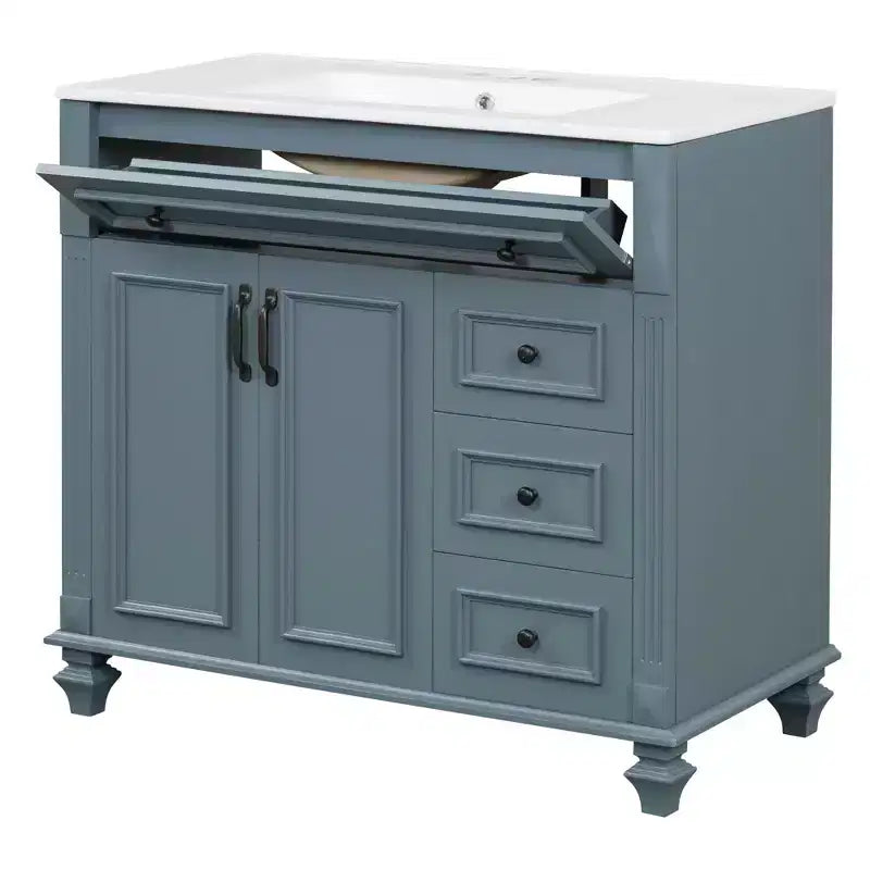 36 Bathroom Vanity with Sink White Cabinet Flip, Out Drawer 3 Drawers 2 Soft, Close Doors Solid Wood MDF Gold Hardware