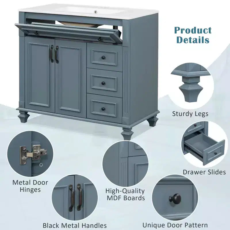 36 Bathroom Vanity with Sink White Cabinet Flip, Out Drawer 3 Drawers 2 Soft, Close Doors Solid Wood MDF Gold Hardware