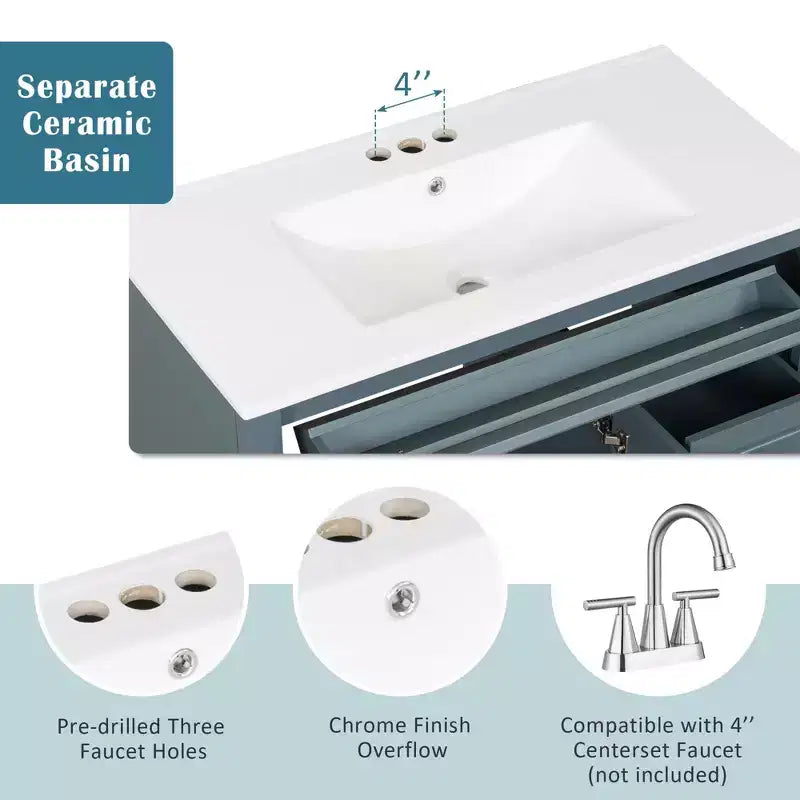36 Bathroom Vanity with Sink White Cabinet Flip, Out Drawer 3 Drawers 2 Soft, Close Doors Solid Wood MDF Gold Hardware