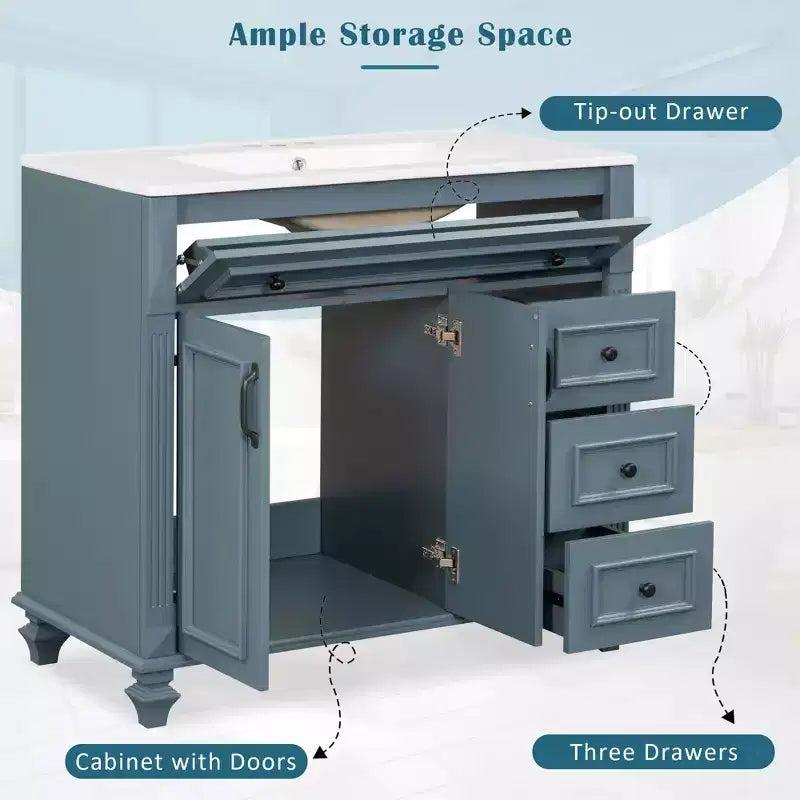 36 Bathroom Vanity with Sink White Cabinet Flip, Out Drawer 3 Drawers 2 Soft, Close Doors Solid Wood MDF Gold Hardware
