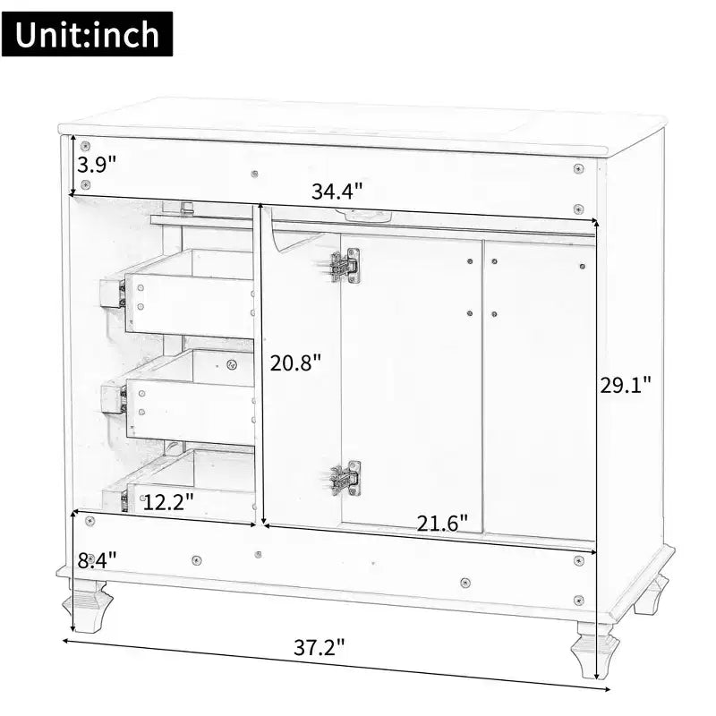 Mobile bagno da 91 cm con lavabo, mobile bianco con cassetto a ribalta, 3 cassetti, 2 ante con chiusura ammortizzata, legno massello MDF, ferramenta dorata