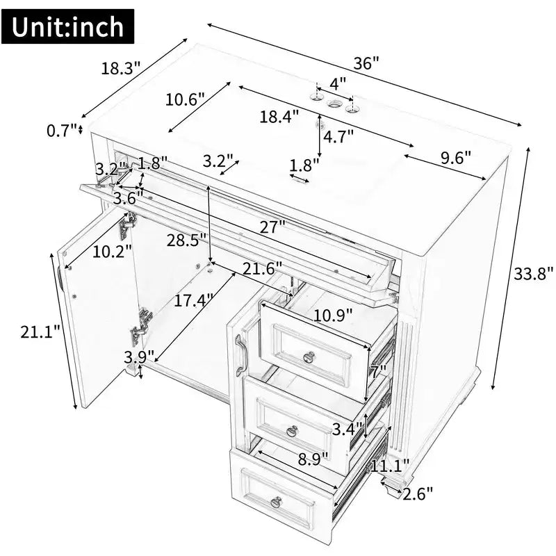 Mobile bagno da 91 cm con lavabo, mobile bianco con cassetto a ribalta, 3 cassetti, 2 ante con chiusura ammortizzata, legno massello MDF, ferramenta dorata
