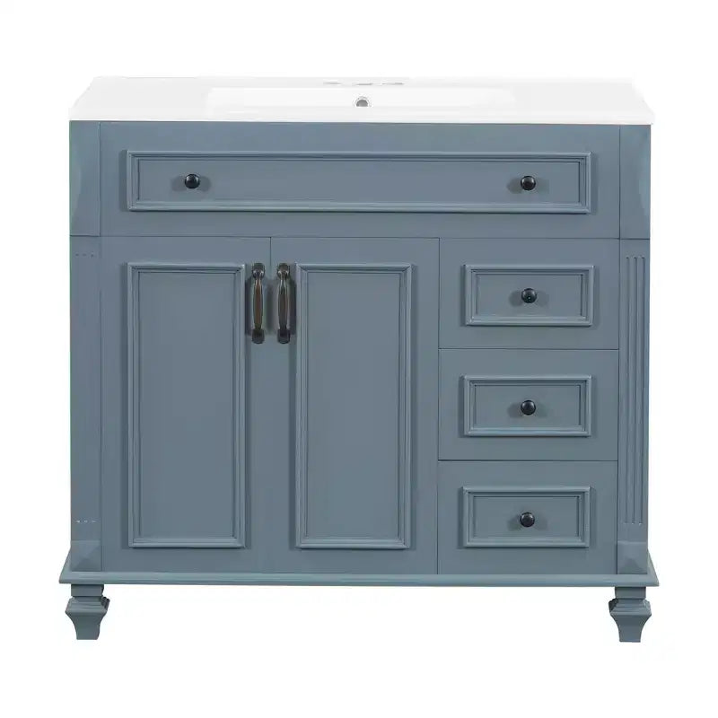 Mobile bagno da 91 cm con lavabo, mobile bianco con cassetto a ribalta, 3 cassetti, 2 ante con chiusura ammortizzata, legno massello MDF, ferramenta dorata