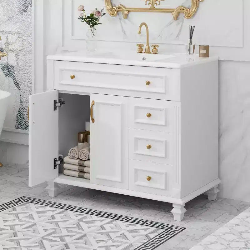 36 Bathroom Vanity with Sink White Cabinet Flip, Out Drawer 3 Drawers 2 Soft, Close Doors Solid Wood MDF Gold Hardware