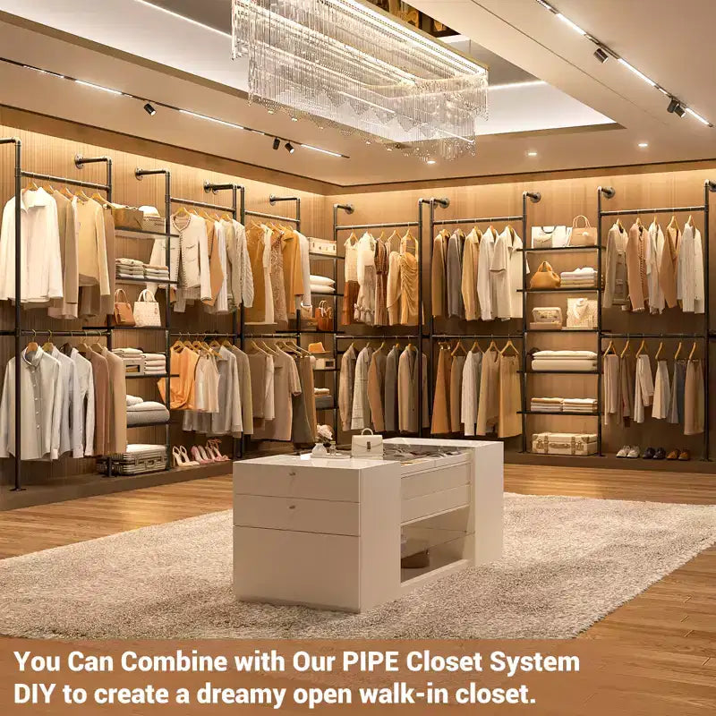 77, In Heavy, duty Garment Rack with Storage Shelves, Pipe Closet Organizer with 4 Hanging Rods