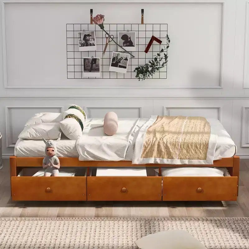 Letto a piattaforma singolo, struttura letto in legno con 3 cassetti