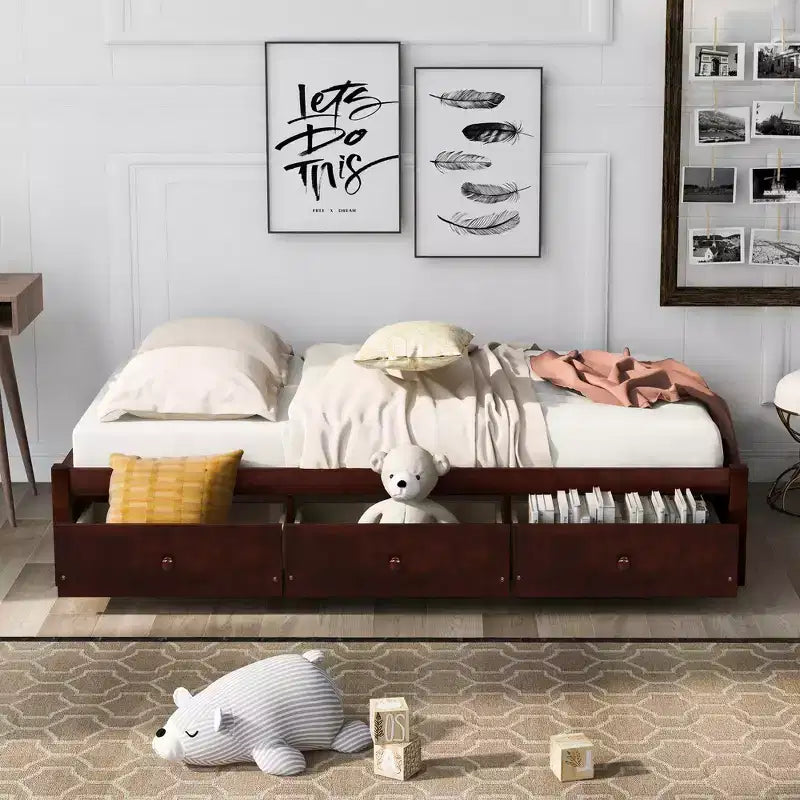 Letto a piattaforma singolo, struttura letto in legno con 3 cassetti