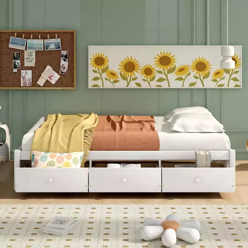 Letto a piattaforma singolo, struttura letto in legno con 3 cassetti