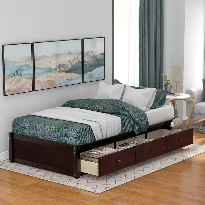 Twin Size Platform Bed, Wooden Storage Bed Frame with 3 Drawers