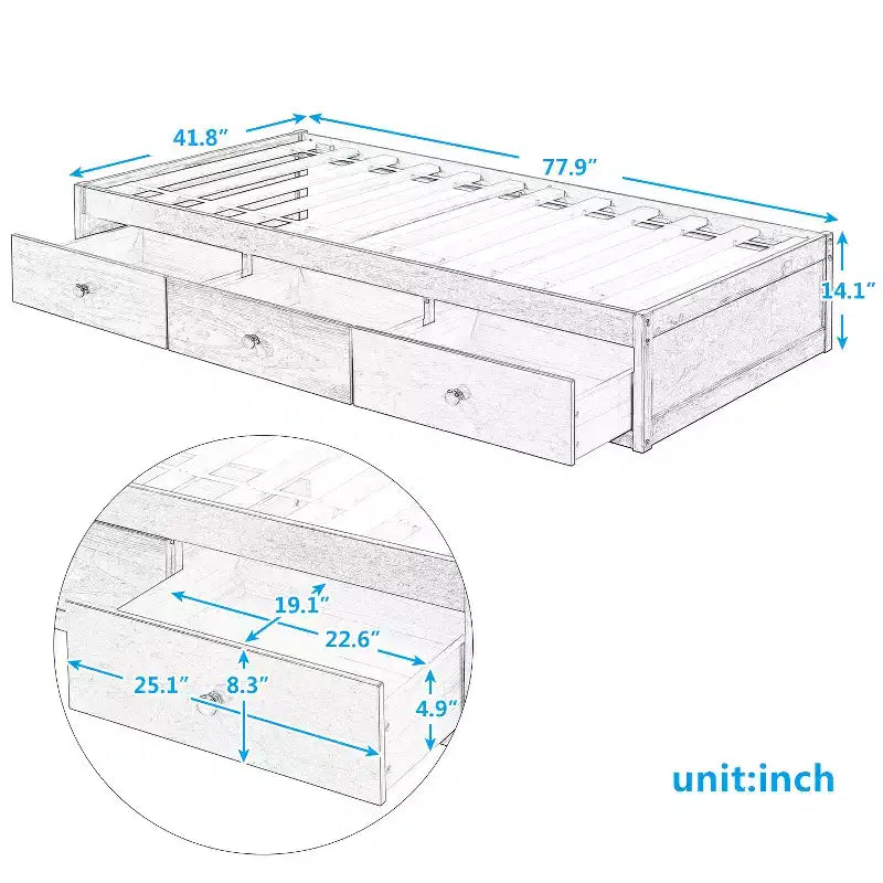 Twin Size Platform Bed, Wooden Storage Bed Frame with 3 Drawers