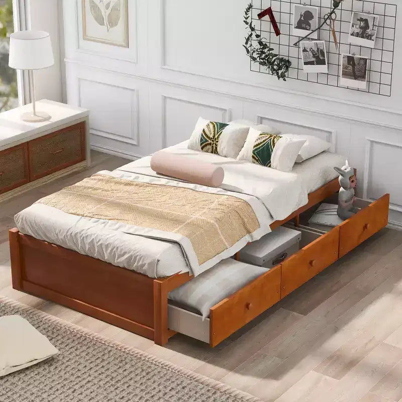 Twin Size Platform Bed, Wooden Storage Bed Frame with 3 Drawers