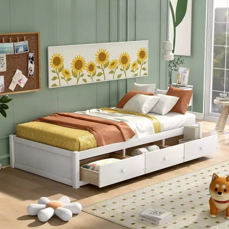 Twin Size Platform Bed, Wooden Storage Bed Frame with 3 Drawers