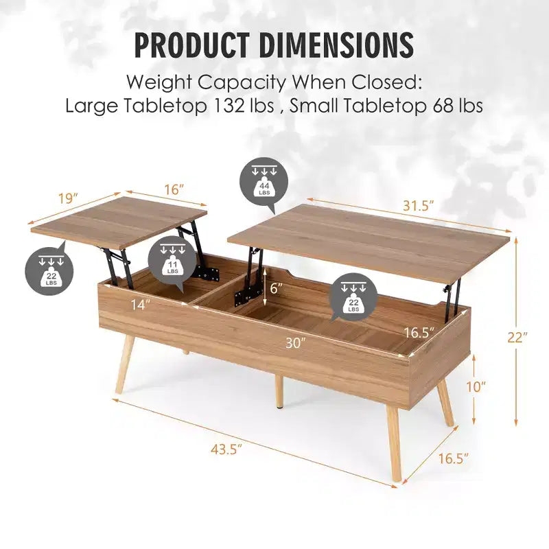 47'' Lift Top Coffee Table Central Table with Hidden Compartments for Living Room