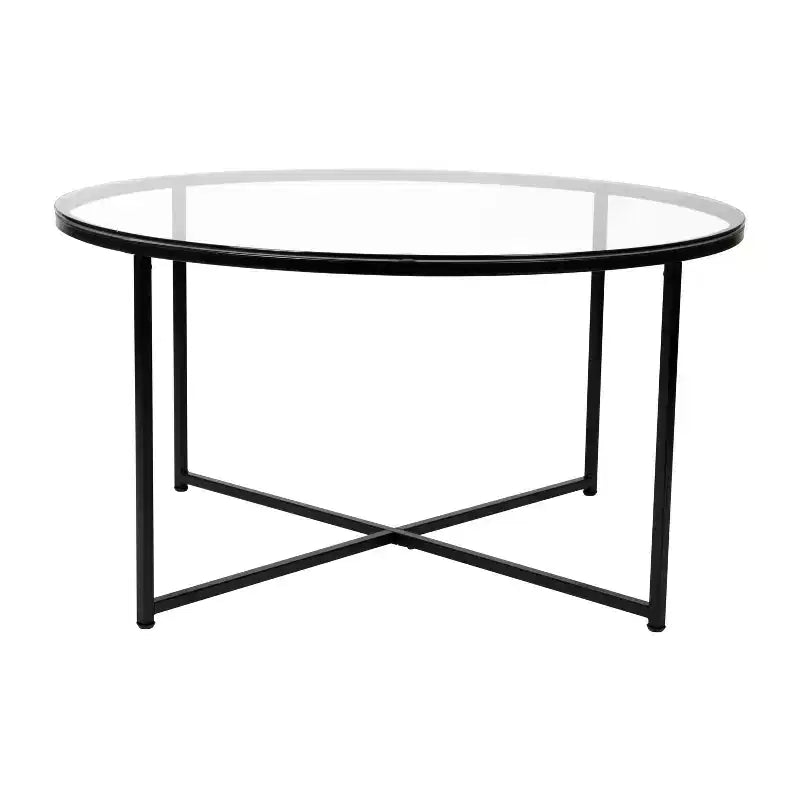 Glass Living Room Coffee Table with Crisscross Metal Frame